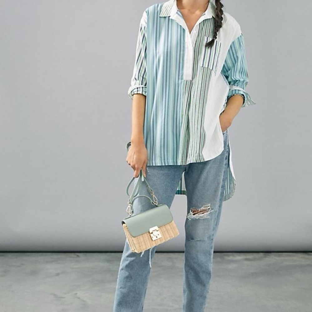 Anthropologie Maeve Oversized Button Down Stripe Alix Henley Pop Over Top - Picture 4 of 11